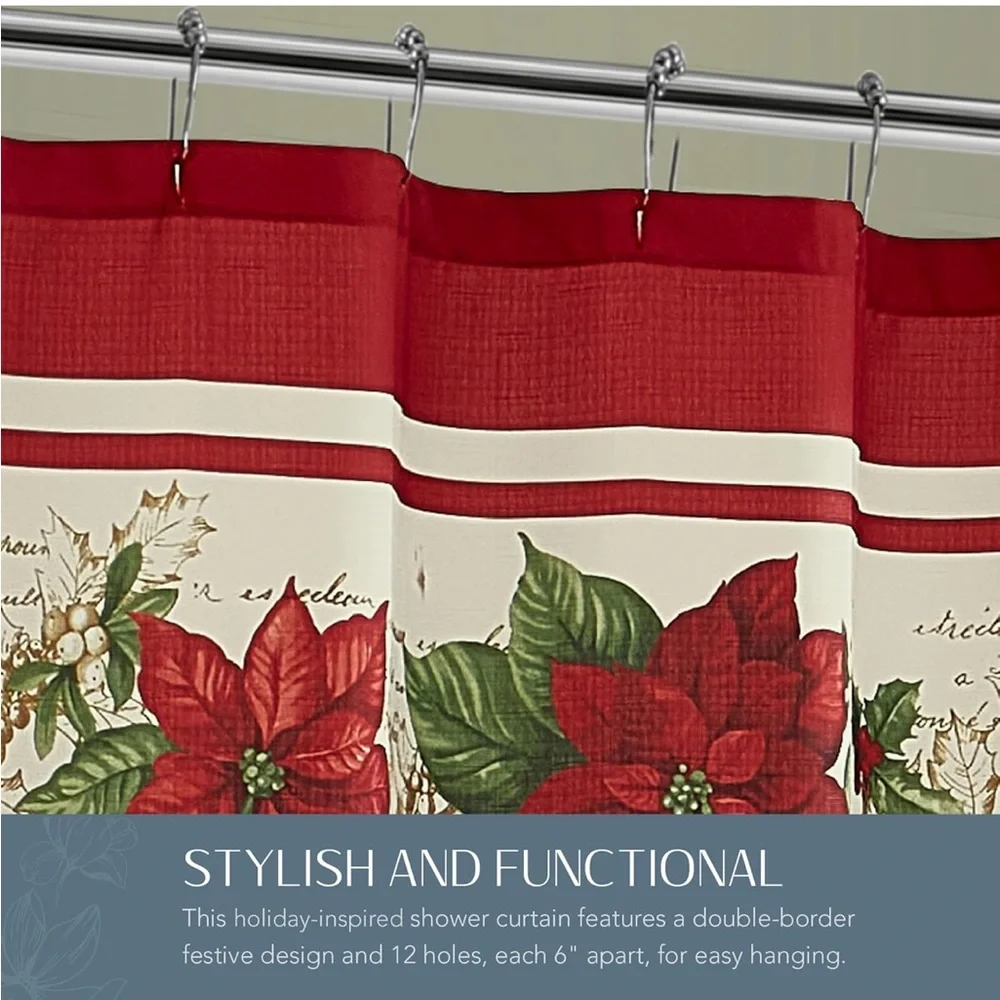Red and White, 70 Inches x 72 Inches Christmas, Poinsettias, Shower Curtain